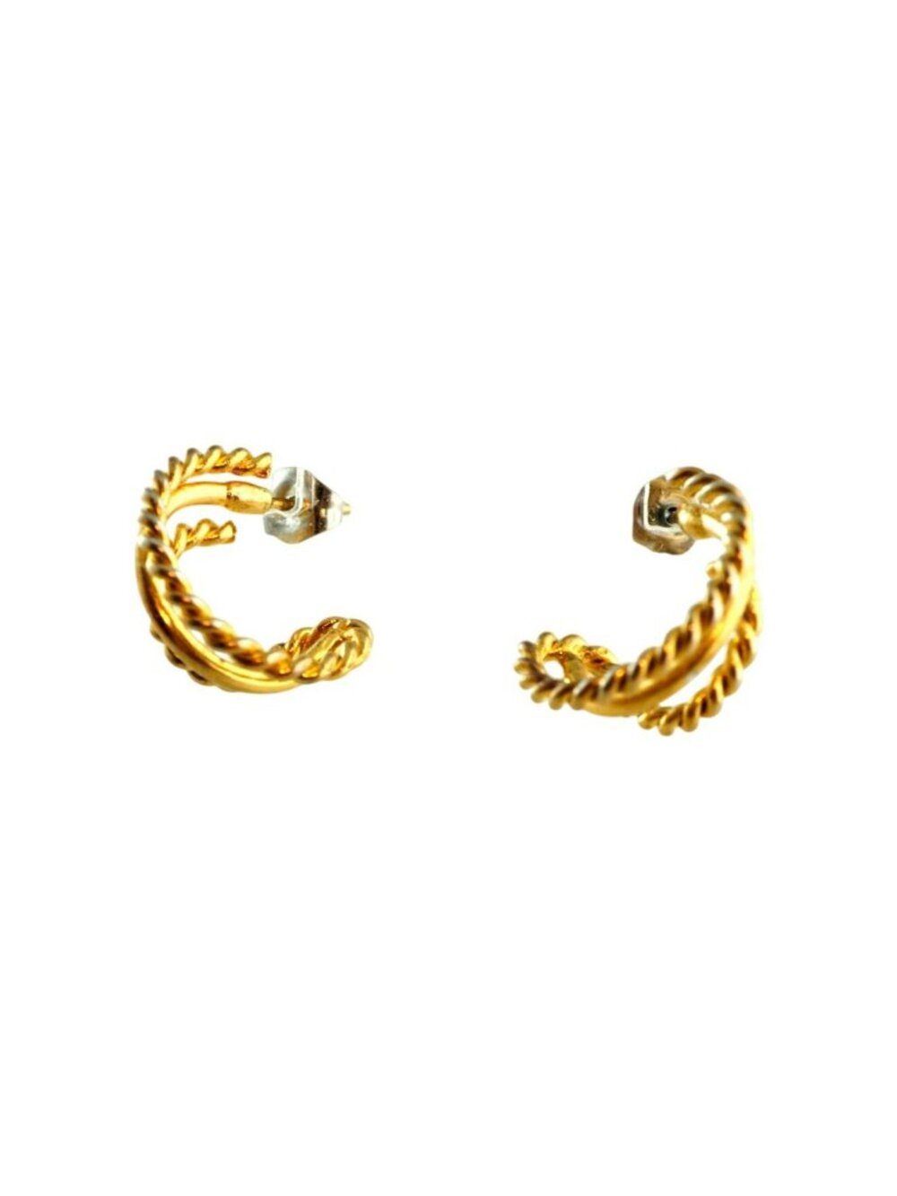Vintage Gold Tone Rope Twist Half Hoop Earrings Textured Post Back